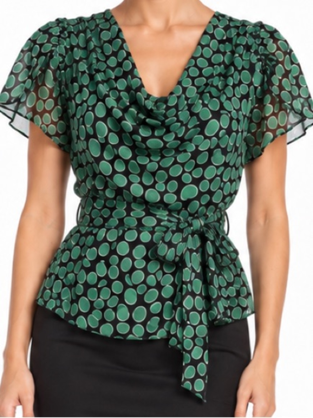 Vintage Odille for Anthropologie Cowl Neck Silk Blouse Black / Green Size 8